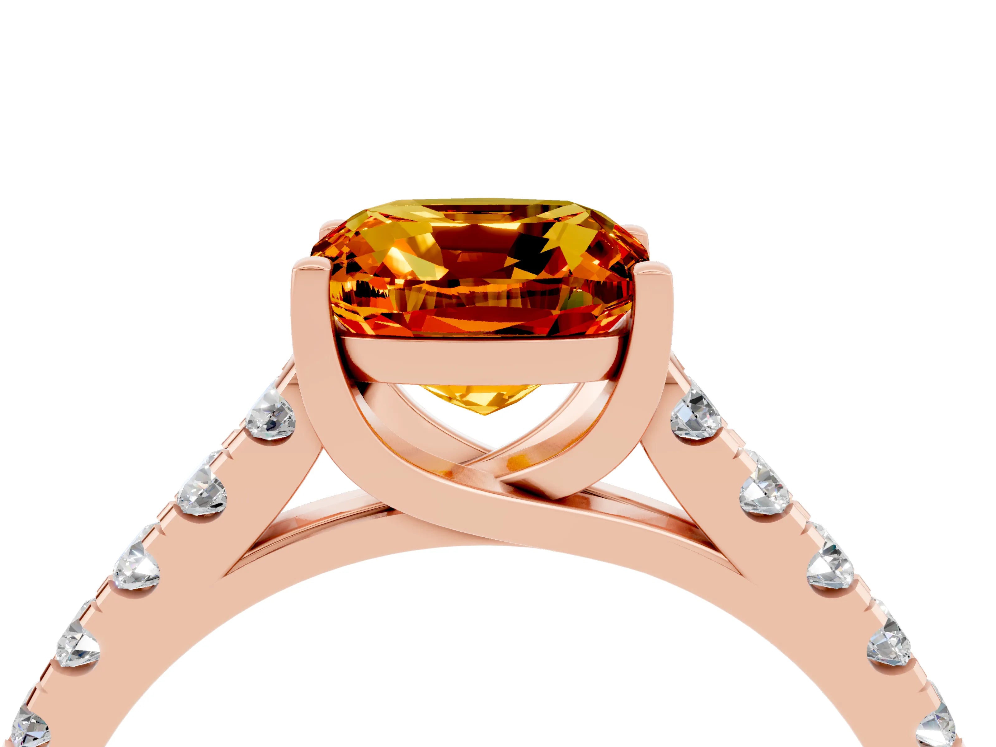 Rose gold {shape_name} Citrine Solitaire Ring with Pavé Band and Four-Prong Setting_4