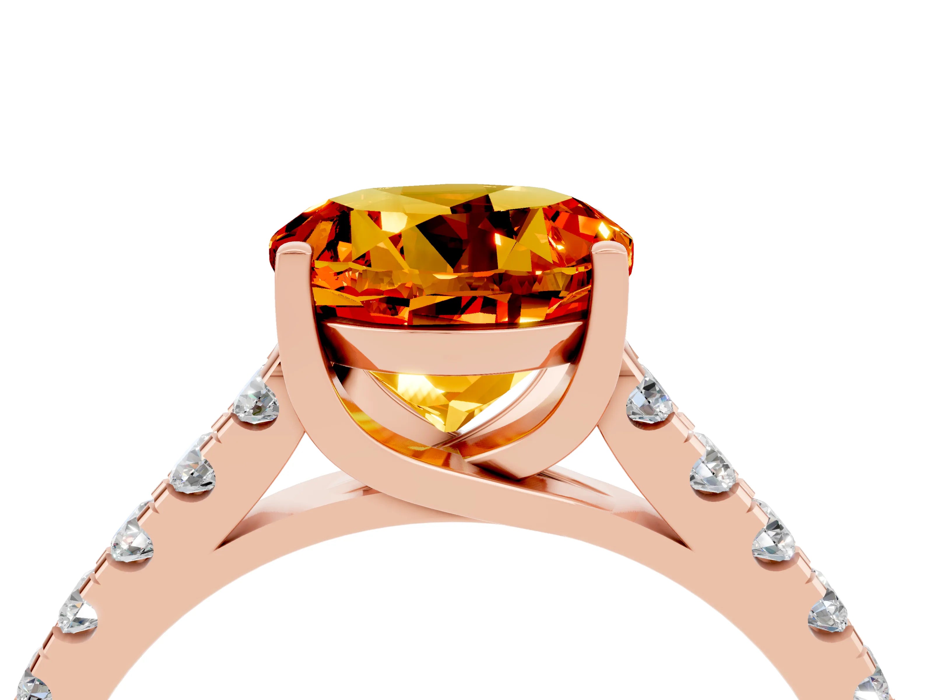 Rose gold {shape_name} Citrine Solitaire Ring with Pavé Band and Four-Prong Setting_4