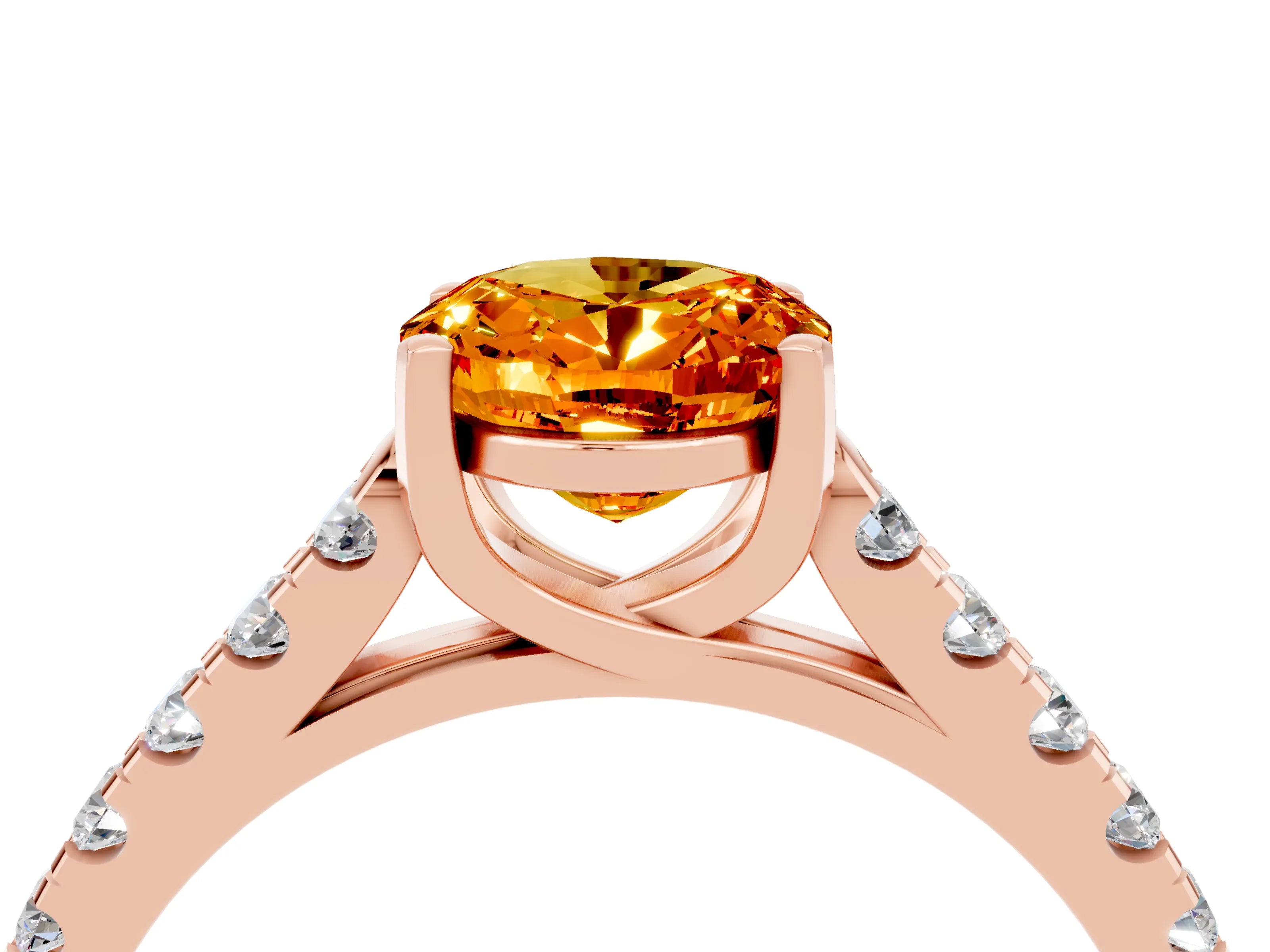 Rose gold {shape_name} Citrine Solitaire Ring with Pavé Band and Four-Prong Setting_4