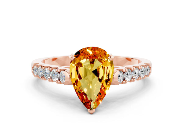 Rose gold Pear Cut Citrine Pavé Band Solitaire Ring with Prong Setting