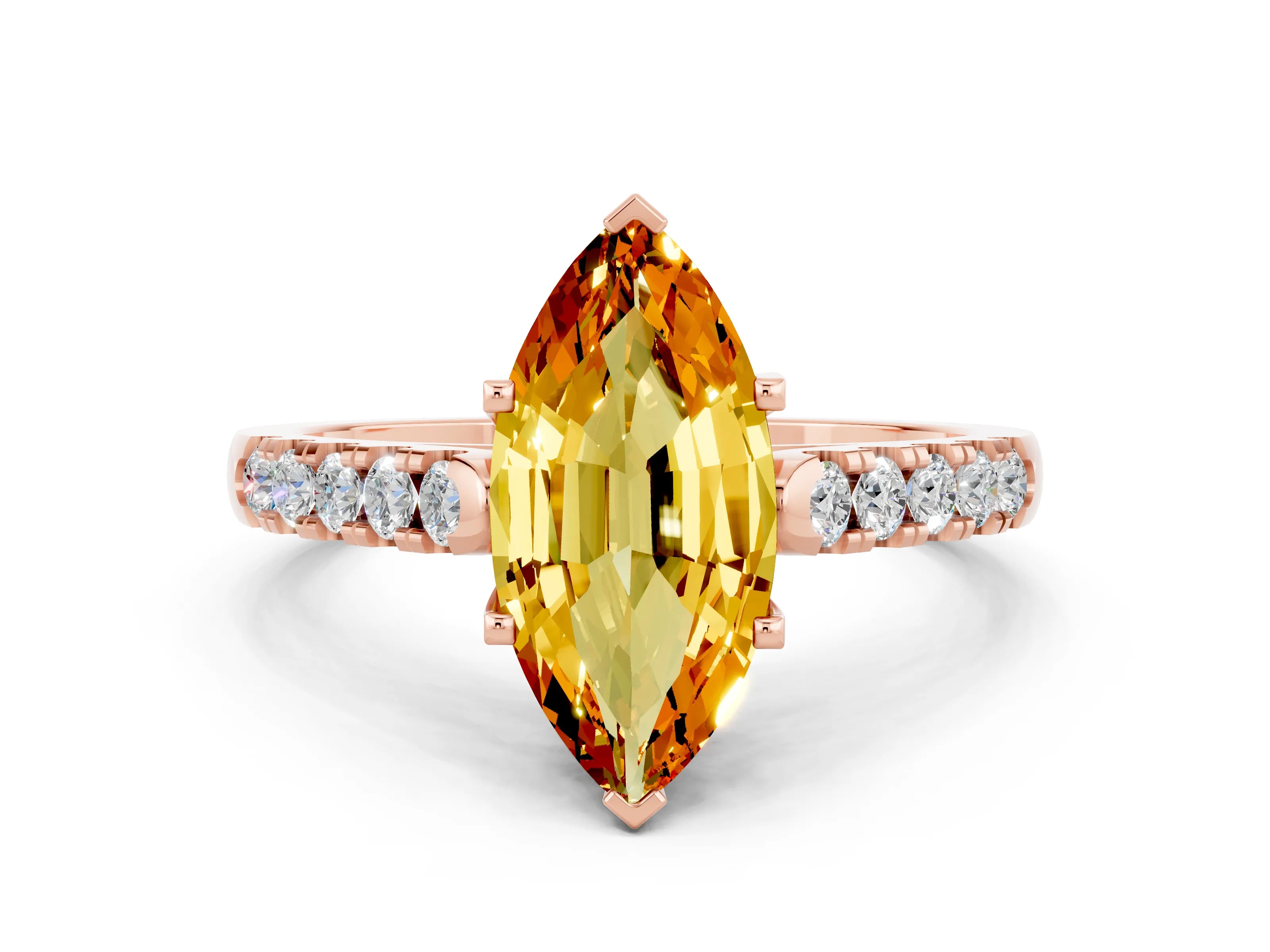 Rose gold {shape_name} Citrine Solitaire Ring with Pavé Band and Four-Prong Setting