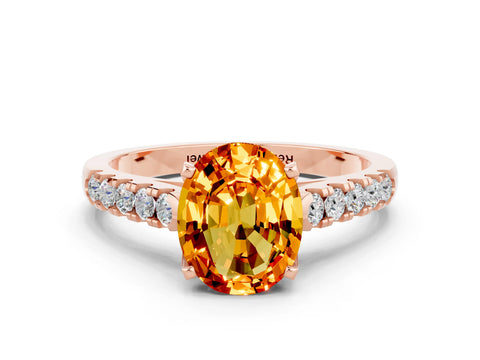 Rose gold {shape_name} Citrine Solitaire Ring with Pavé Band and Four-Prong Setting