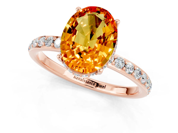 Rose gold Oval Cut Citrine Solitaire Ring with Pavé Band and Hidden Halo