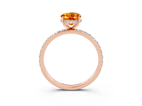 Rose gold Oval Cut Citrine Solitaire Ring with Pavé Band and Hidden Halo