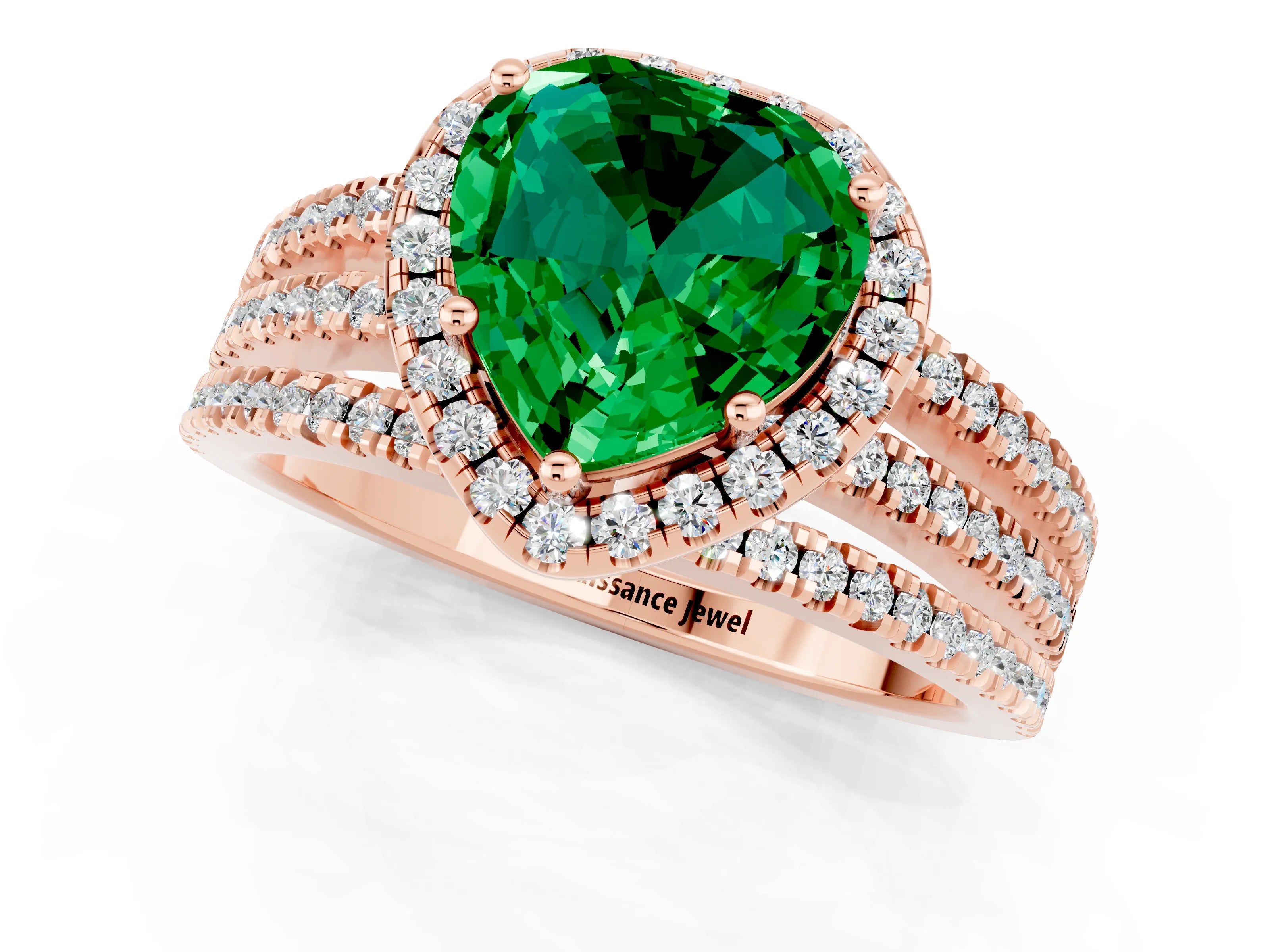 Rose gold {shape_name} Emerald Halo Engagement Ring with Split Shank and Four-Prong Setting_1