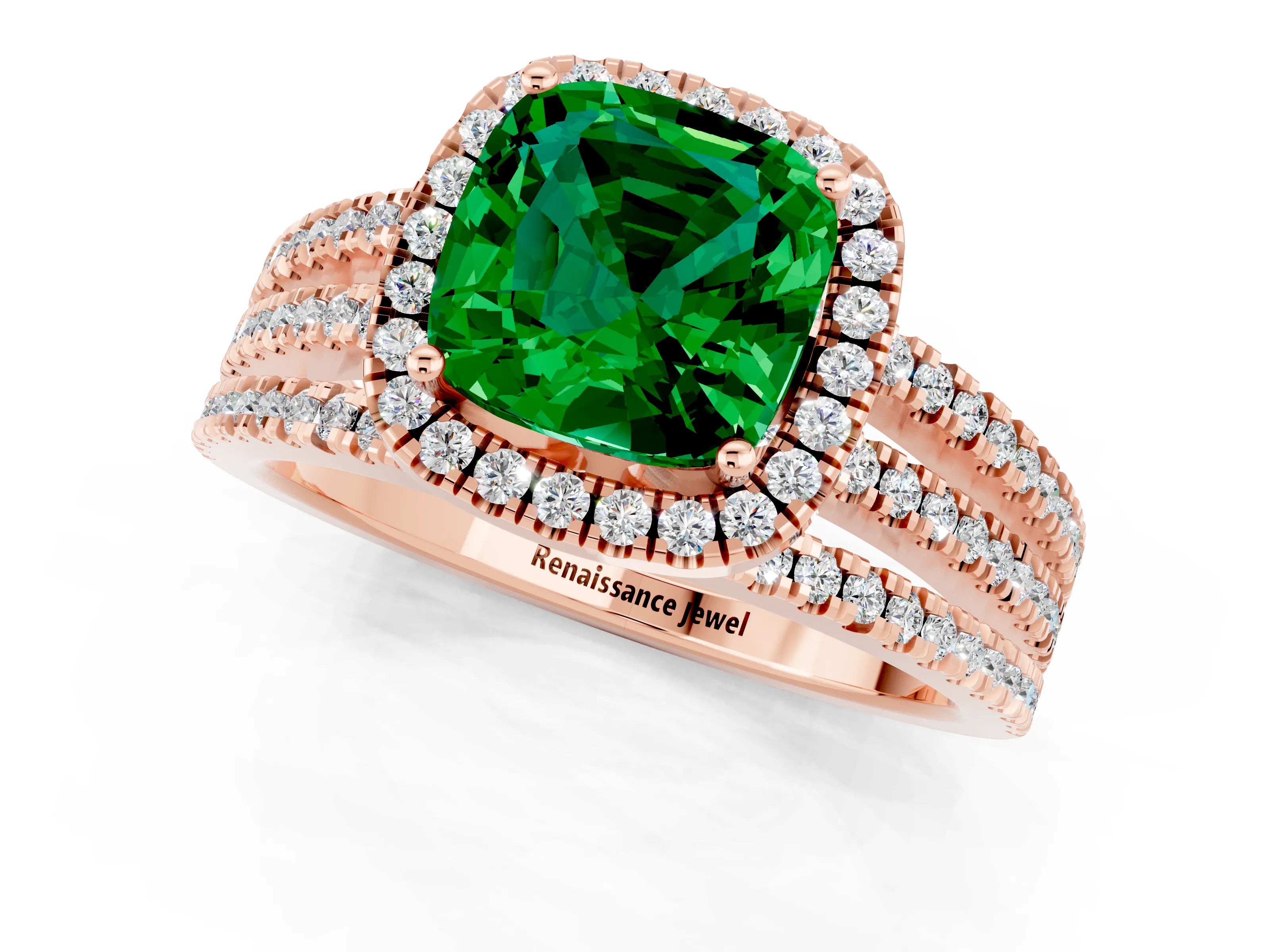 Rose gold {shape_name} Emerald Halo Engagement Ring with Split Shank and Four-Prong Setting_1