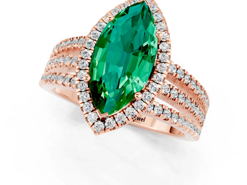 Rose gold {shape_name} Emerald Halo Engagement Ring with Split Shank and Four-Prong Setting_1