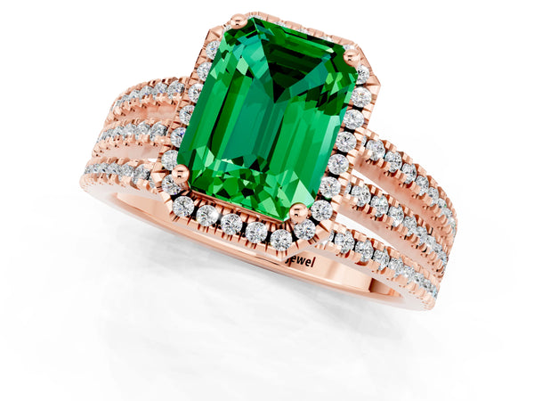 Rose gold Emerald Cut Emerald Halo Engagement Ring with Split Shank and Four-Prong Setting