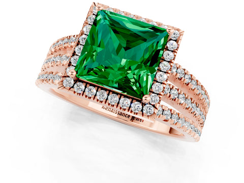 Rose gold {shape_name} Emerald Halo Engagement Ring with Split Shank and Four-Prong Setting_1