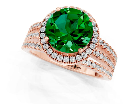 Rose gold {shape_name} Emerald Halo Engagement Ring with Split Shank and Four-Prong Setting_1
