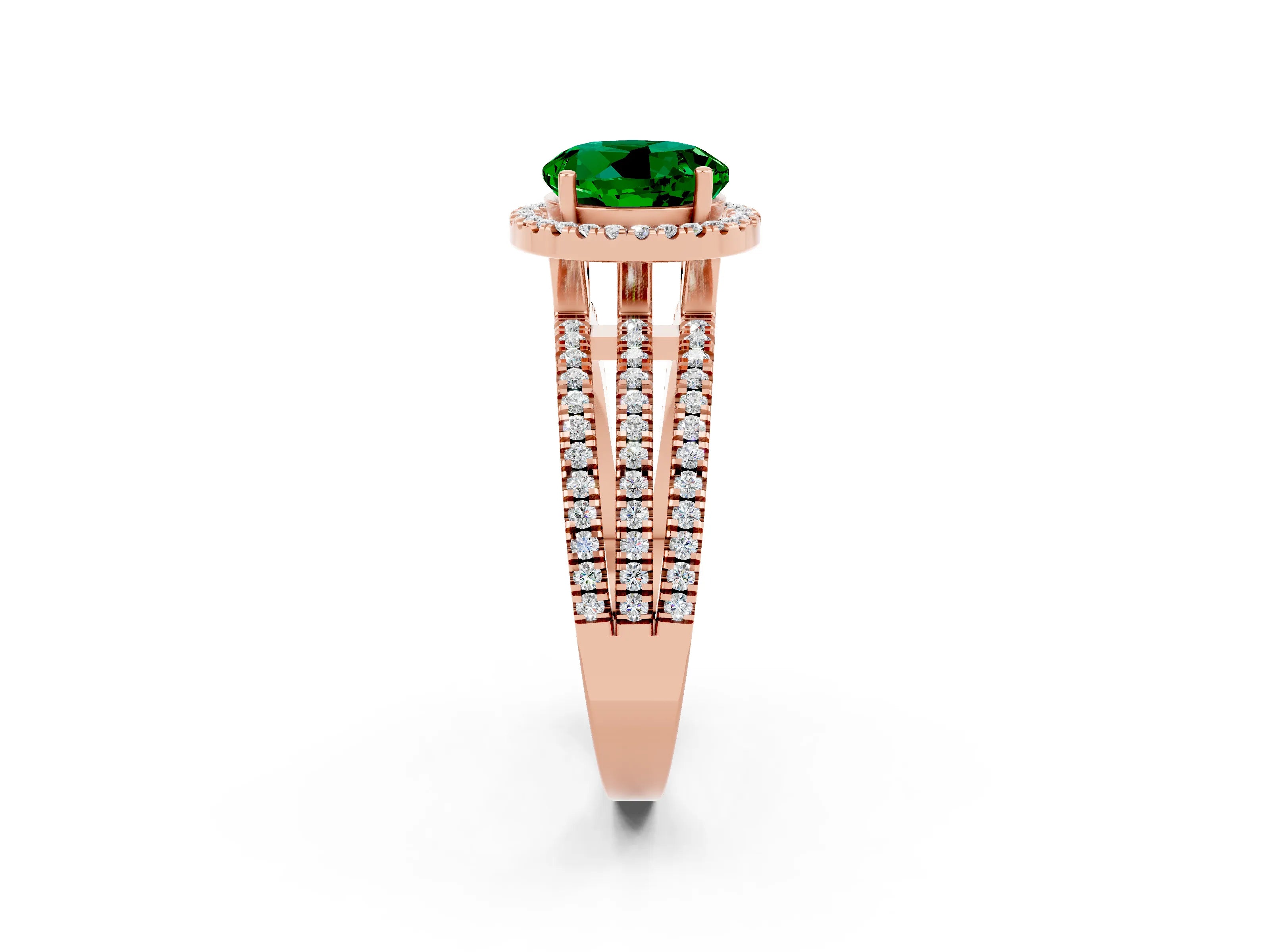 Rose gold {shape_name} Emerald Halo Engagement Ring with Split Shank and Four-Prong Setting_2