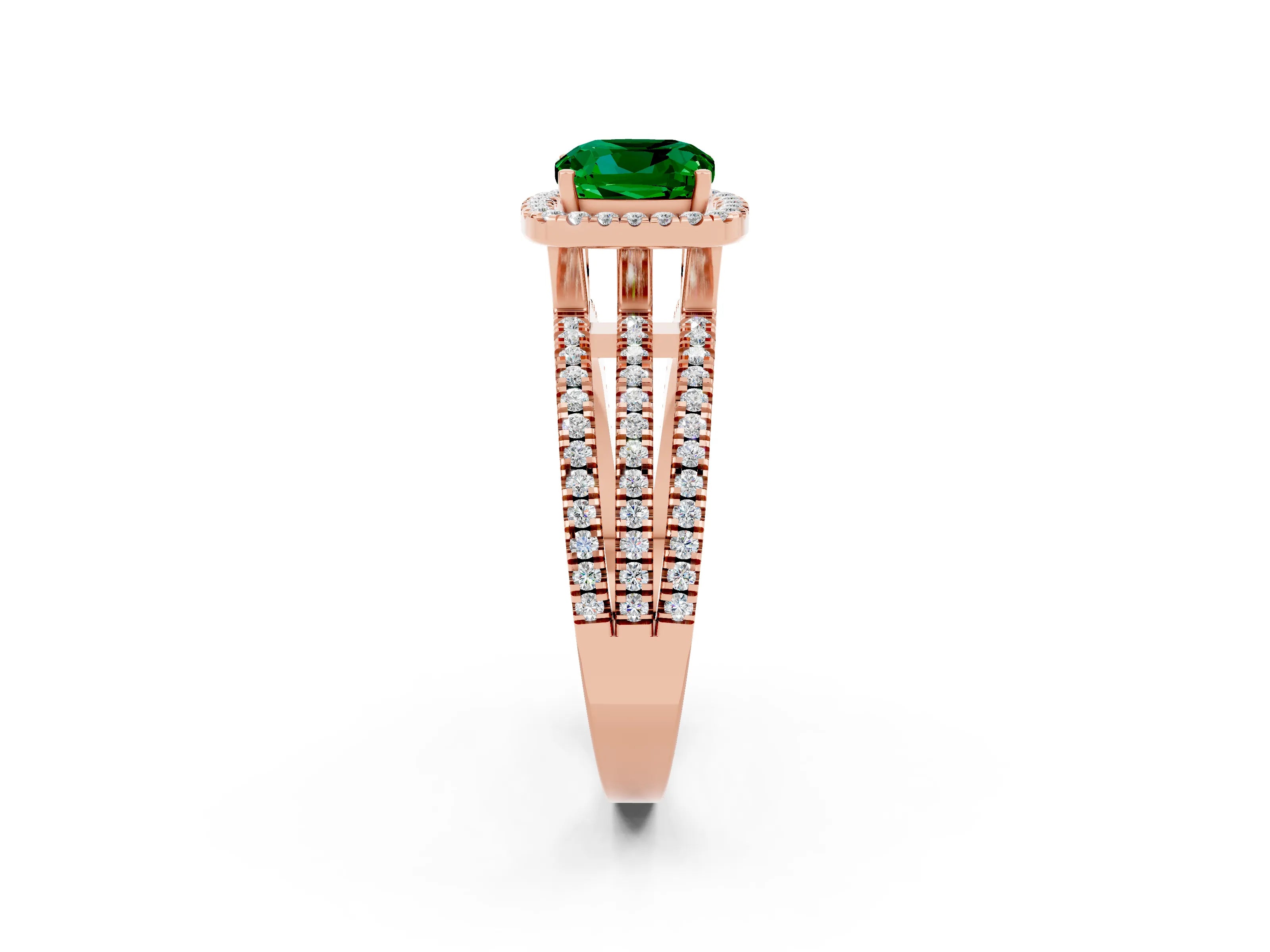 Rose gold {shape_name} Emerald Halo Engagement Ring with Split Shank and Four-Prong Setting_2