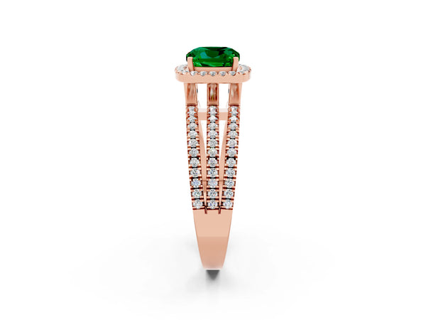 Rose gold Cushion Cut Emerald Halo Engagement Ring with Split Shank and Four-Prong Setting