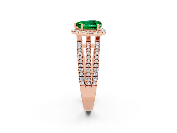 Rose gold Heart Cut Emerald Halo Engagement Ring with Split Shank and Four-Prong Setting