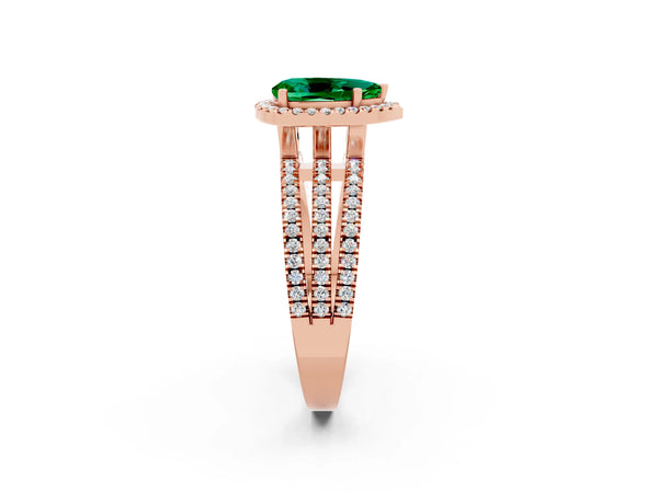 Rose gold Pear Cut Emerald Halo Engagement Ring with Split Shank and Four-Prong Setting