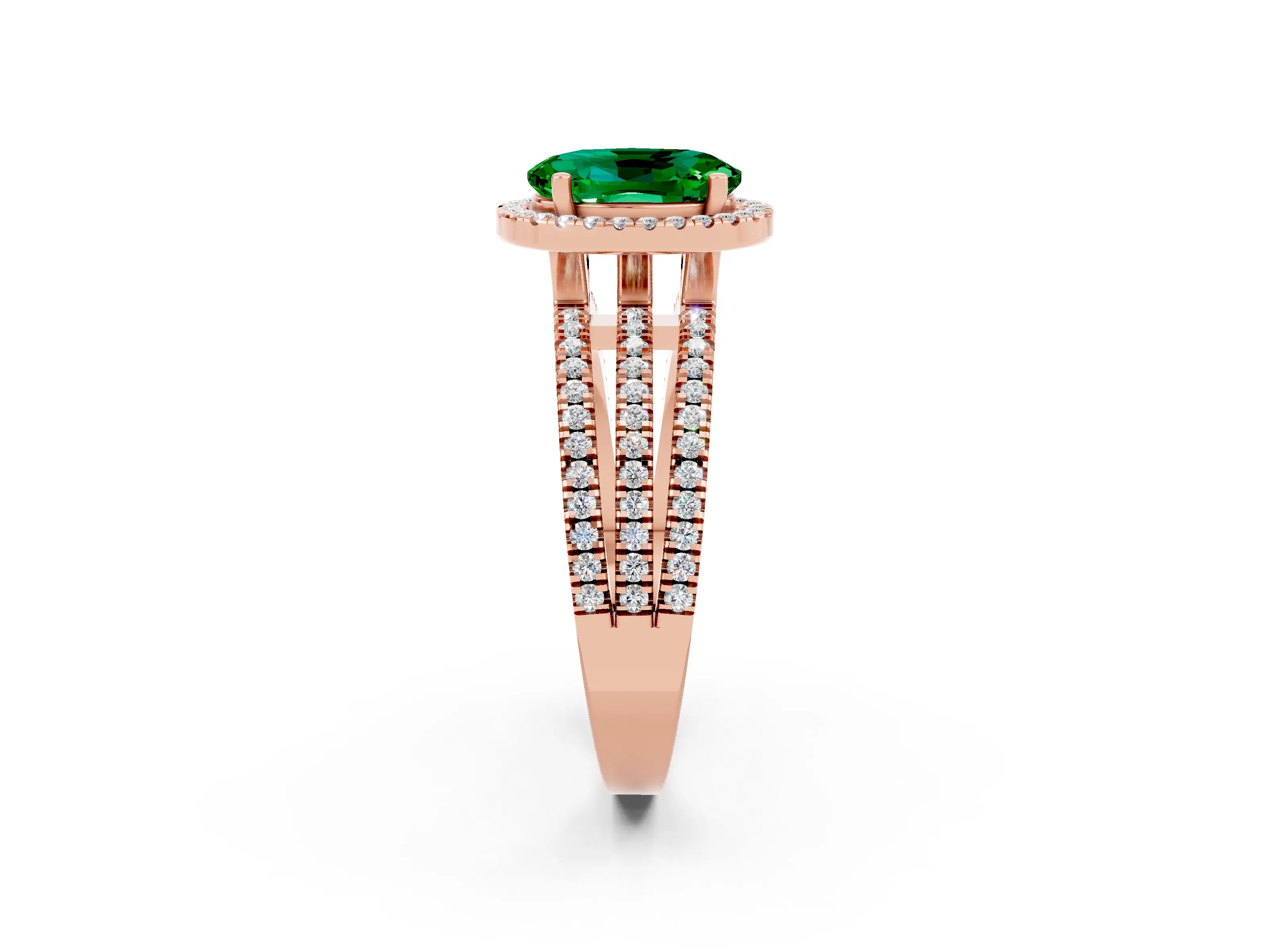 Rose gold {shape_name} Emerald Halo Engagement Ring with Split Shank and Four-Prong Setting_2