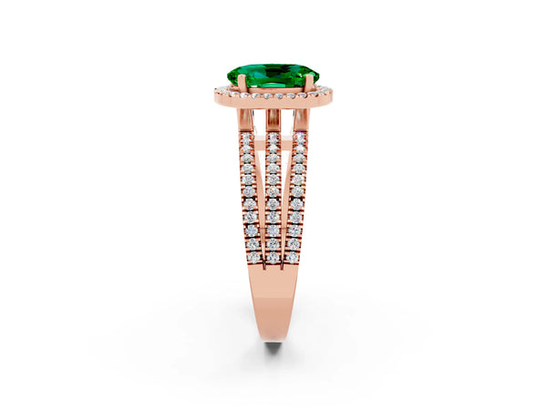 Rose gold Oval Cut Emerald Halo Engagement Ring with Split Shank and Four-Prong Setting