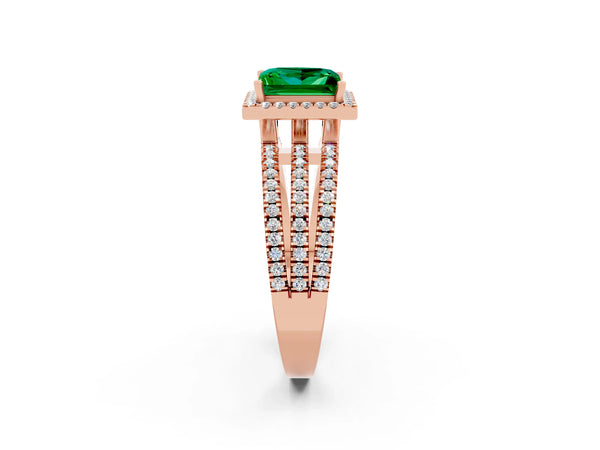Rose gold Princess Cut Emerald Halo Engagement Ring with Split Shank and Four-Prong Setting