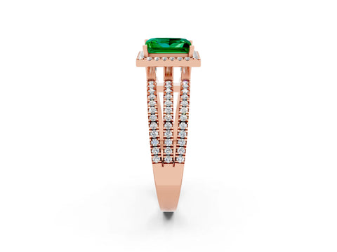 Rose gold {shape_name} Emerald Halo Engagement Ring with Split Shank and Four-Prong Setting_2