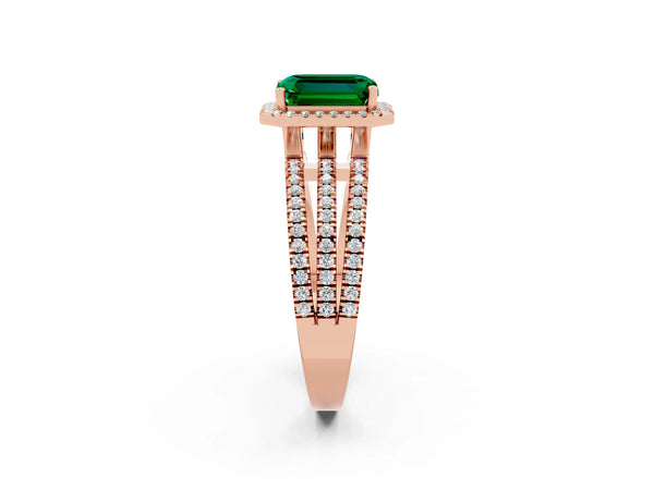 Rose gold Emerald Cut Emerald Halo Engagement Ring with Split Shank and Four-Prong Setting