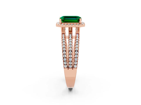 Rose gold {shape_name} Emerald Halo Engagement Ring with Split Shank and Four-Prong Setting_2