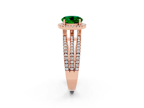 Rose gold {shape_name} Emerald Halo Engagement Ring with Split Shank and Four-Prong Setting_2