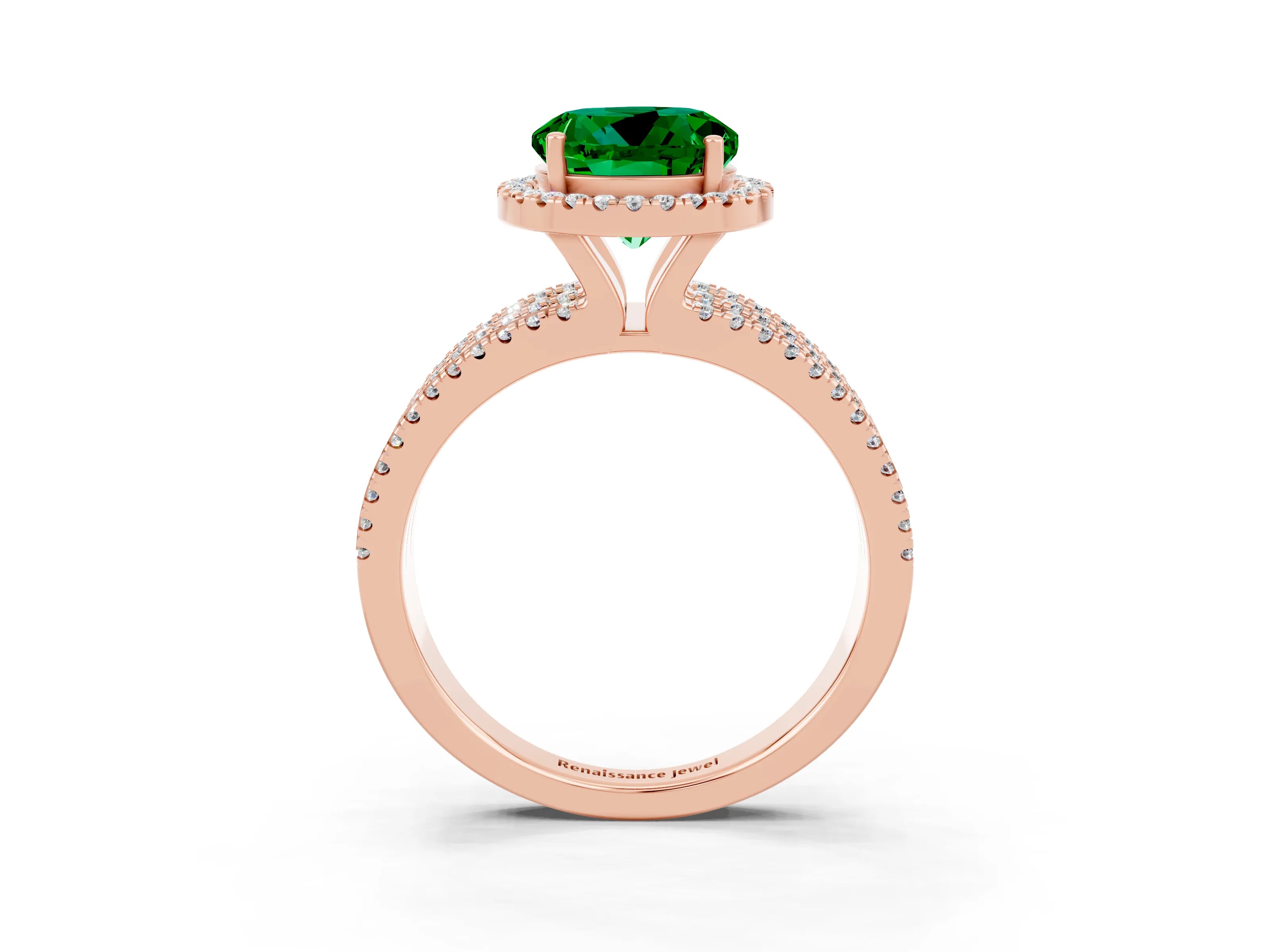 Rose gold {shape_name} Emerald Halo Engagement Ring with Split Shank and Four-Prong Setting_3