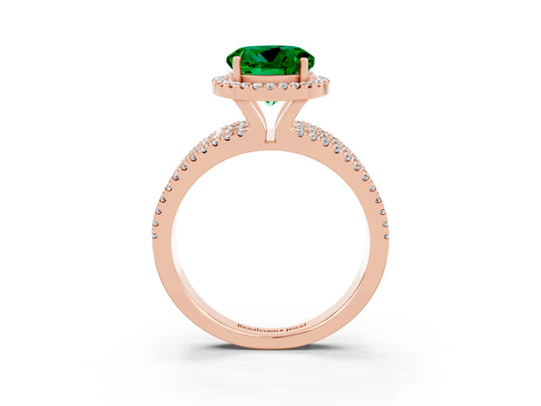 Rose gold Round Cut Emerald Halo Engagement Ring with Split Shank and Four-Prong Setting