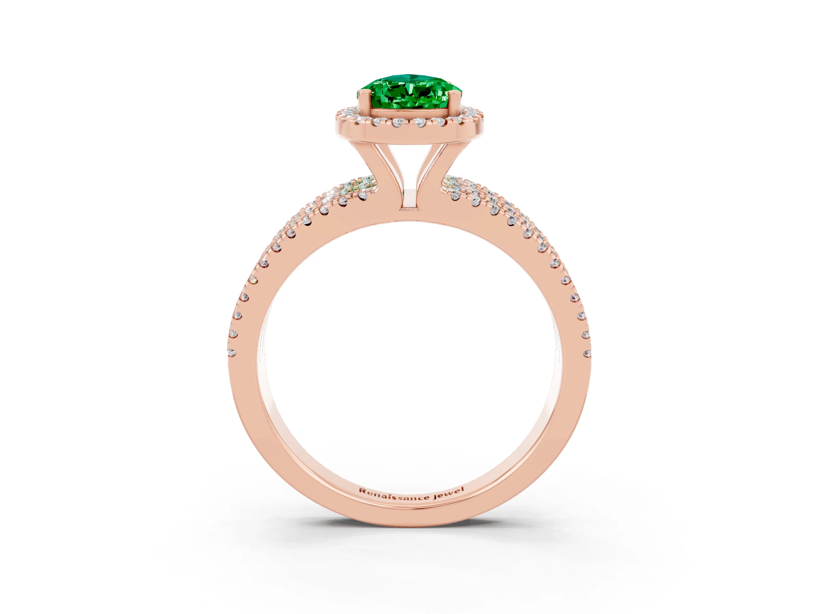 Rose gold {shape_name} Emerald Halo Engagement Ring with Split Shank and Four-Prong Setting_3