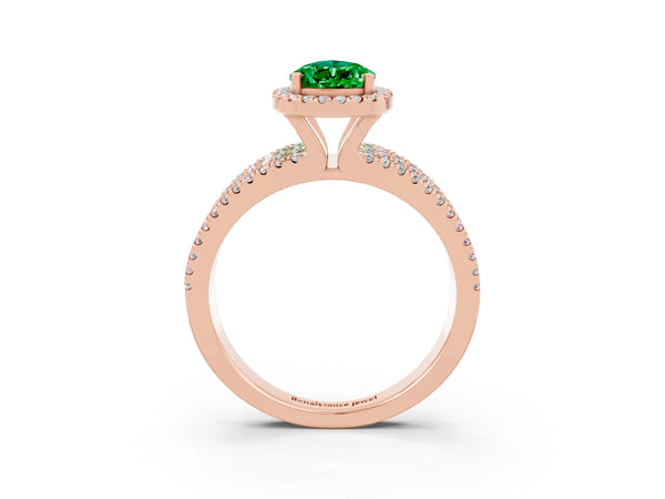 Rose gold Pear Cut Emerald Halo Engagement Ring with Split Shank and Four-Prong Setting