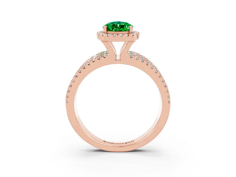 Rose gold {shape_name} Emerald Halo Engagement Ring with Split Shank and Four-Prong Setting_3