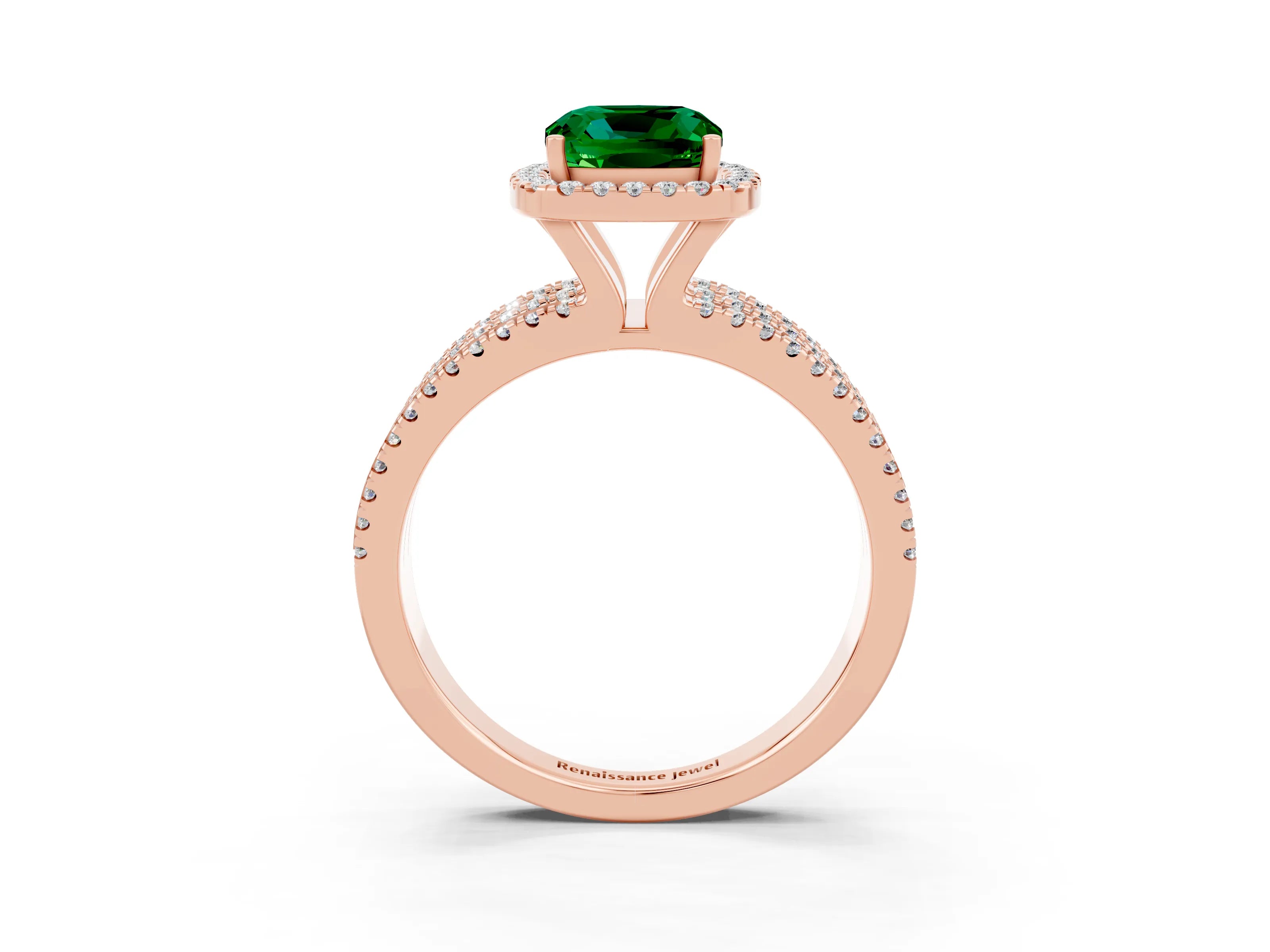 Rose gold {shape_name} Emerald Halo Engagement Ring with Split Shank and Four-Prong Setting_3