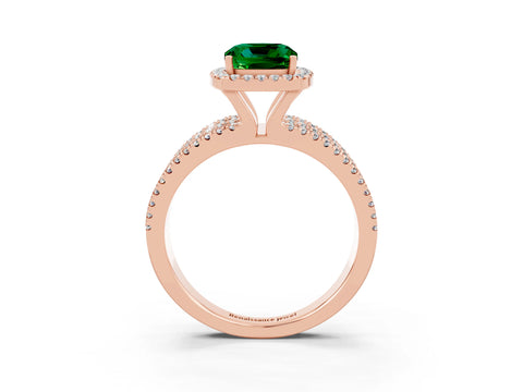 Rose gold {shape_name} Emerald Halo Engagement Ring with Split Shank and Four-Prong Setting_3