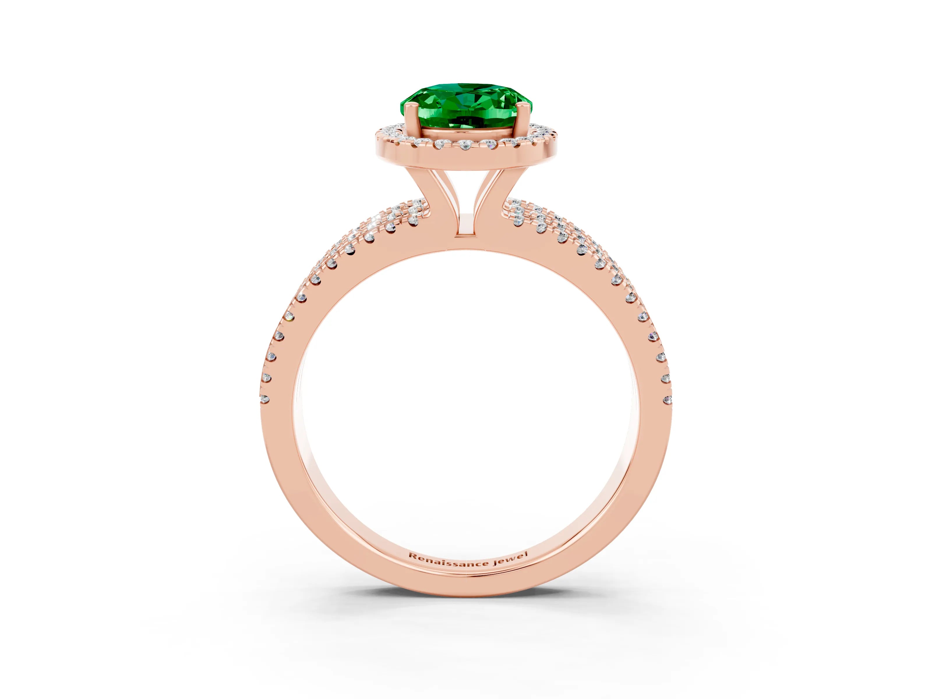 Rose gold {shape_name} Emerald Halo Engagement Ring with Split Shank and Four-Prong Setting_3