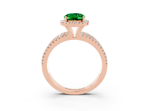 Rose gold Oval Cut Emerald Halo Engagement Ring with Split Shank and Four-Prong Setting
