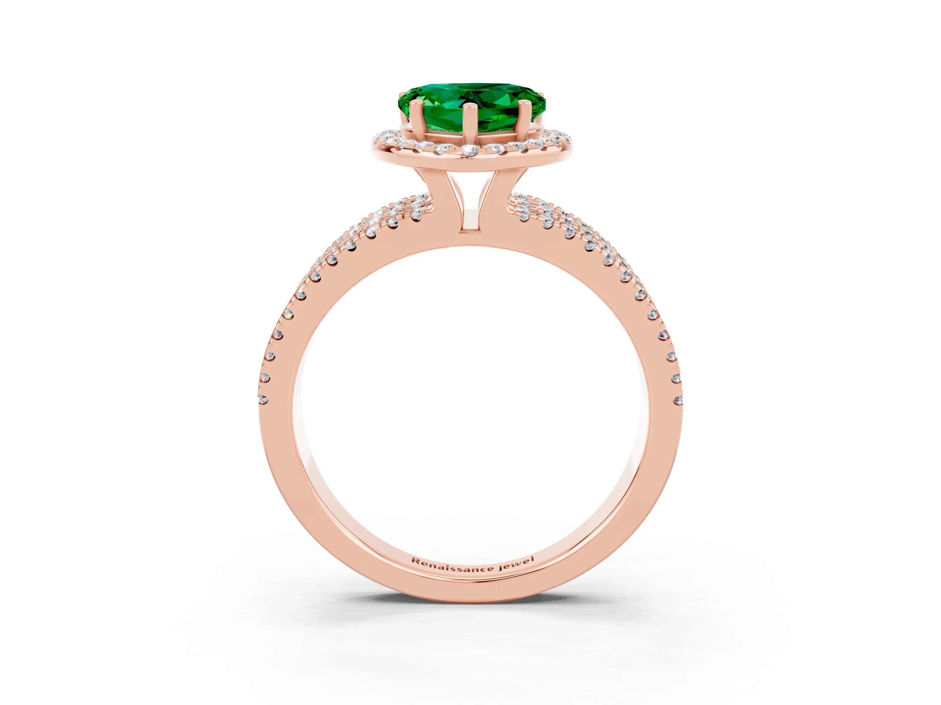 Rose gold {shape_name} Emerald Halo Engagement Ring with Split Shank and Four-Prong Setting_3