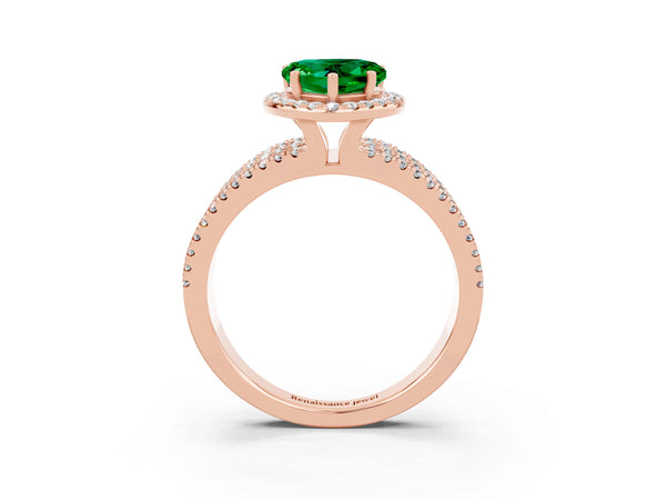 Rose gold Heart Cut Emerald Halo Engagement Ring with Split Shank and Four-Prong Setting