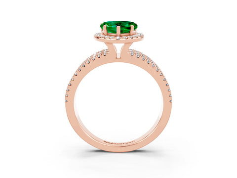 Rose gold {shape_name} Emerald Halo Engagement Ring with Split Shank and Four-Prong Setting_3