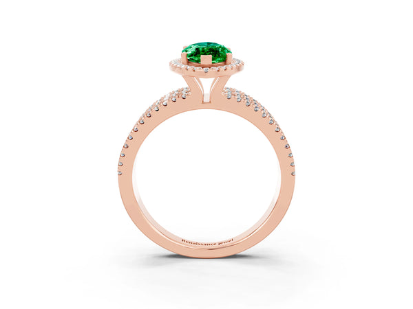 Rose gold Marquise Cut Emerald Halo Engagement Ring with Split Shank and Four-Prong Setting