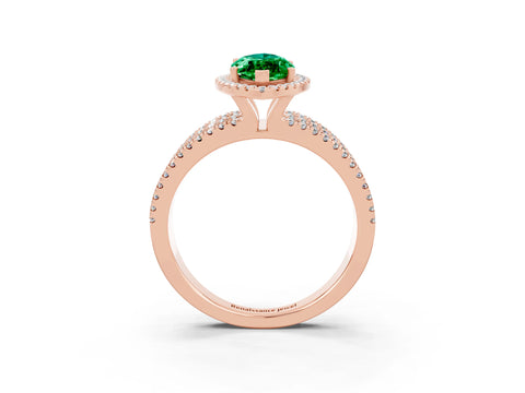 Rose gold {shape_name} Emerald Halo Engagement Ring with Split Shank and Four-Prong Setting_3