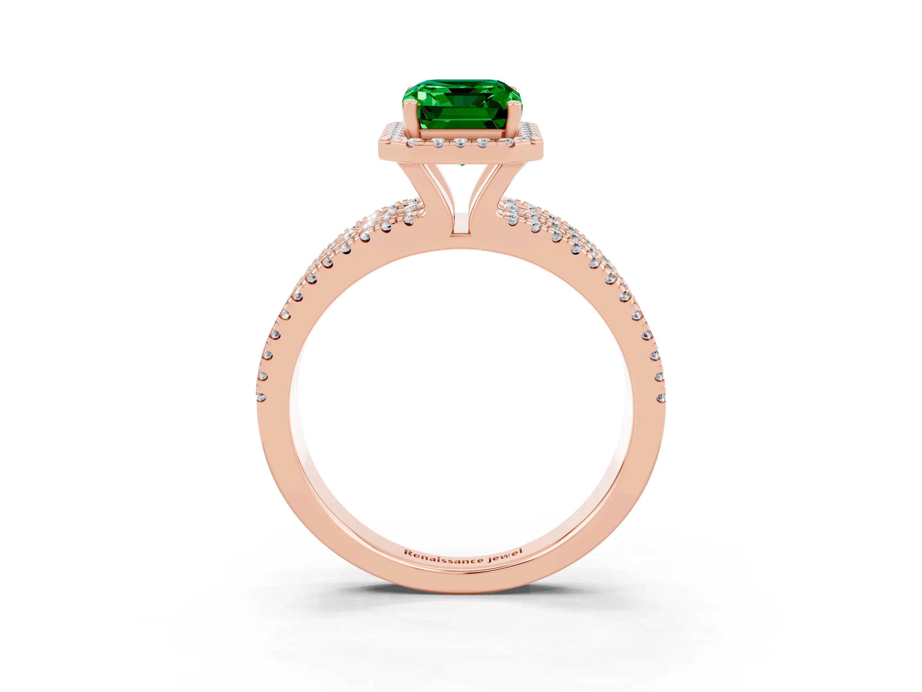 Rose gold {shape_name} Emerald Halo Engagement Ring with Split Shank and Four-Prong Setting_3