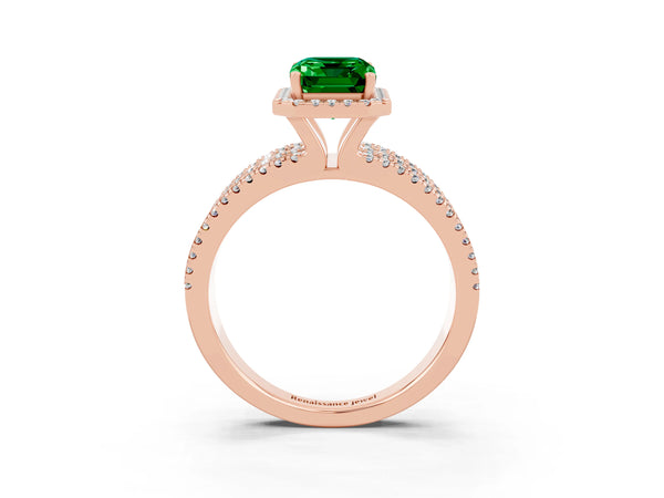 Rose gold Emerald Cut Emerald Halo Engagement Ring with Split Shank and Four-Prong Setting