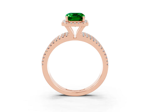 Rose gold {shape_name} Emerald Halo Engagement Ring with Split Shank and Four-Prong Setting_3