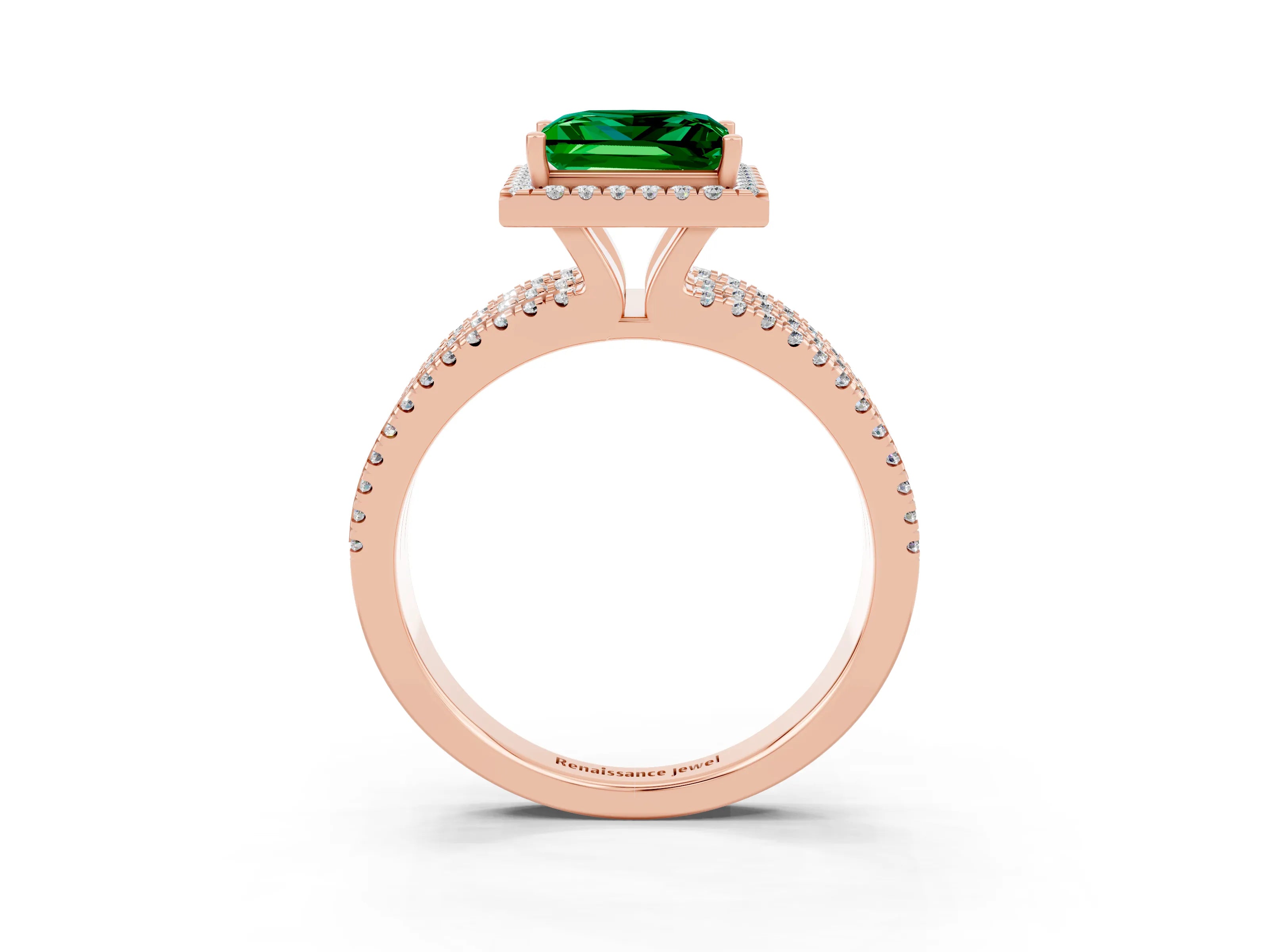 Rose gold {shape_name} Emerald Halo Engagement Ring with Split Shank and Four-Prong Setting_3