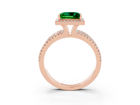 Rose gold {shape_name} Emerald Halo Engagement Ring with Split Shank and Four-Prong Setting_3