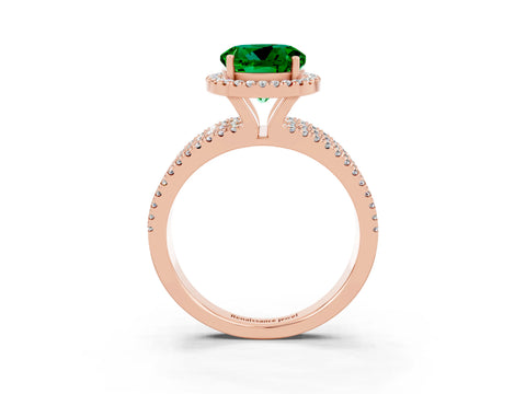 Rose gold {shape_name} Emerald Halo Engagement Ring with Split Shank and Four-Prong Setting_3