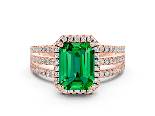 Rose gold Emerald Cut Emerald Halo Engagement Ring with Split Shank and Four-Prong Setting