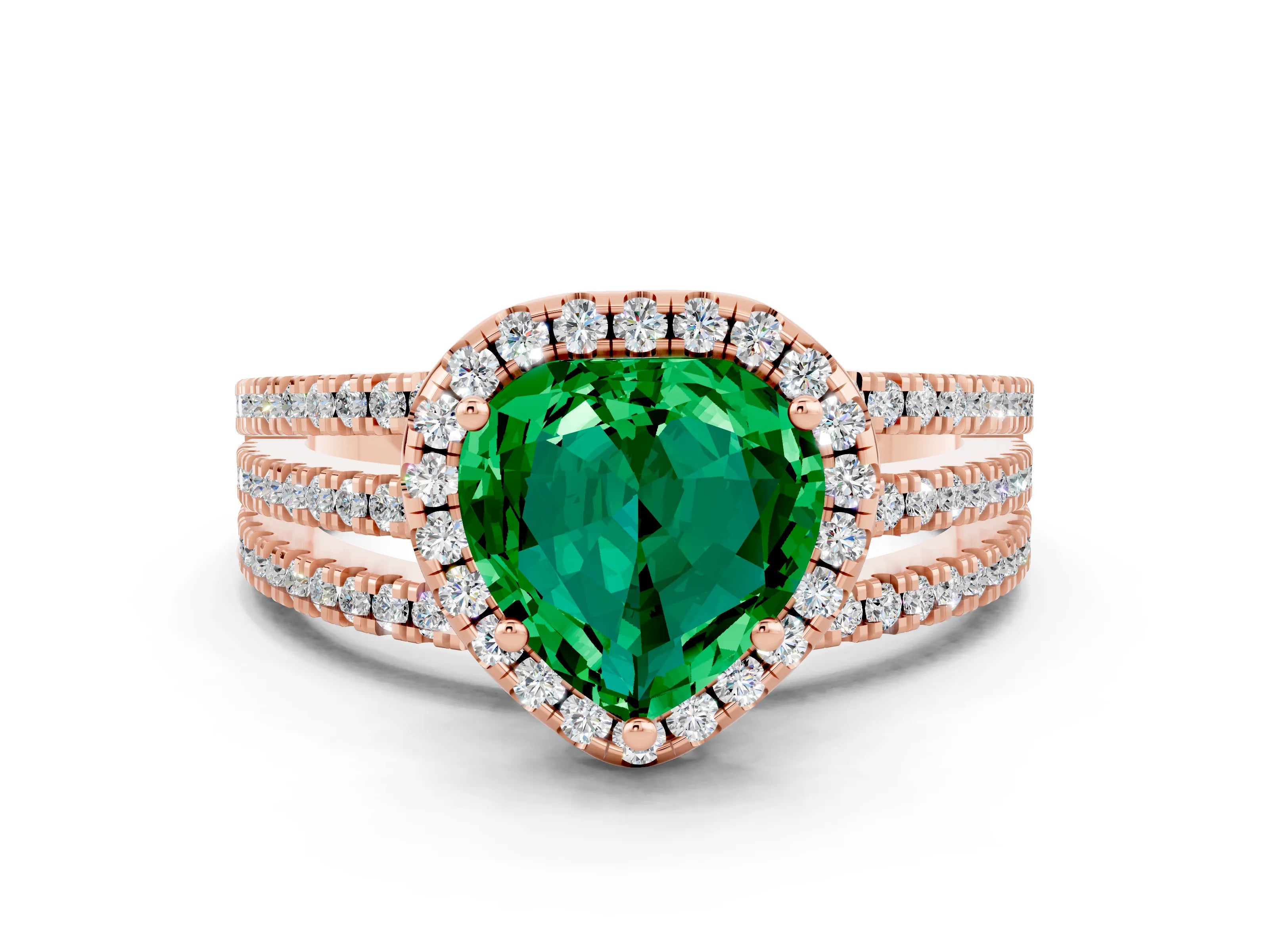 Rose gold {shape_name} Emerald Halo Engagement Ring with Split Shank and Four-Prong Setting