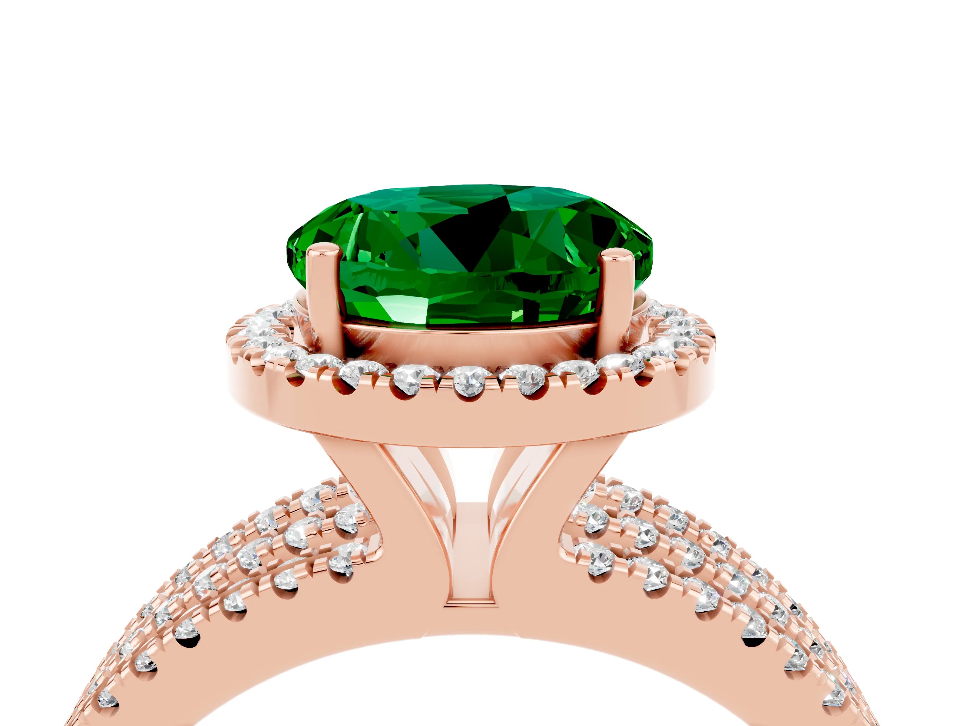 Rose gold {shape_name} Emerald Halo Engagement Ring with Split Shank and Four-Prong Setting_4