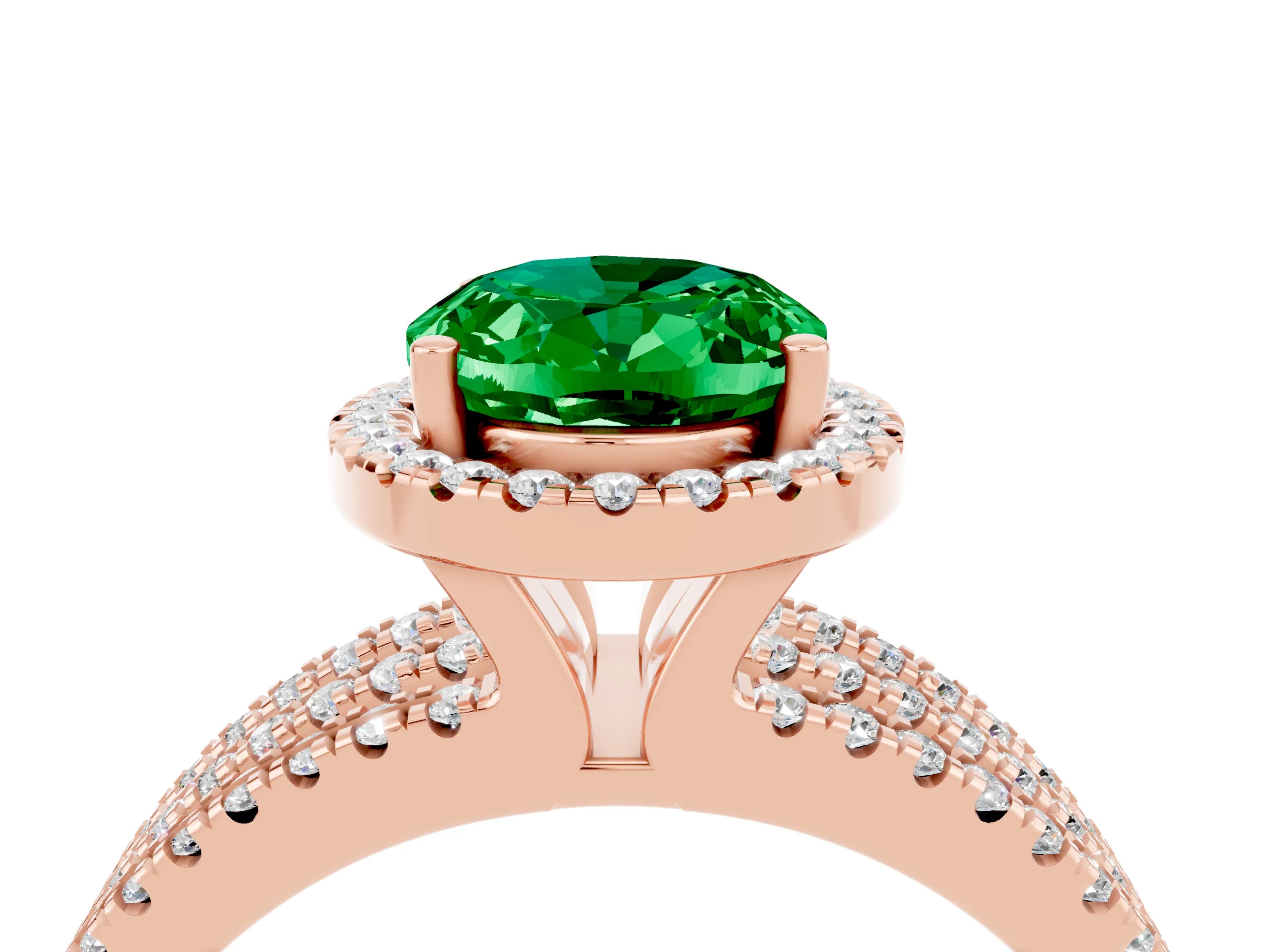 Rose gold {shape_name} Emerald Halo Engagement Ring with Split Shank and Four-Prong Setting_4